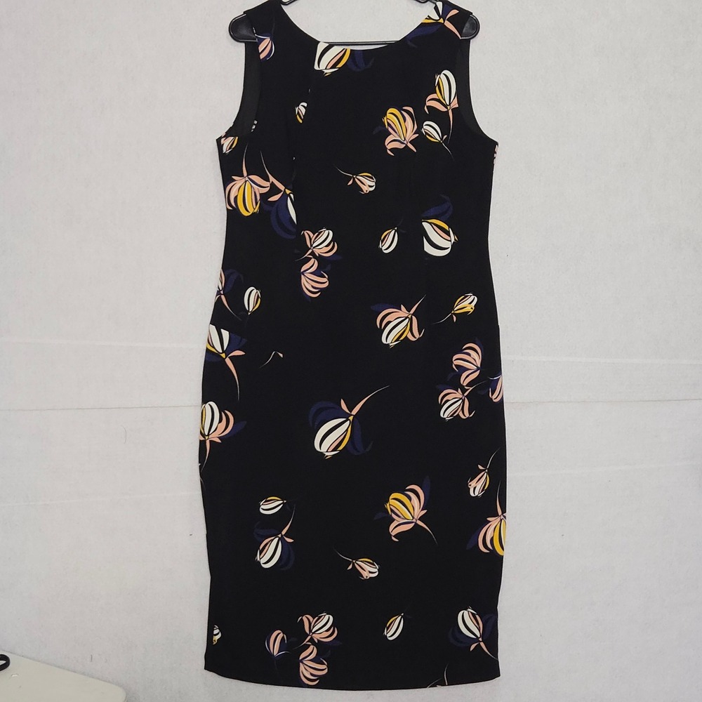 M&S Collection Navy Floral Sheath Dress Sleeveless Midi Gold Zip UK 16 US 12